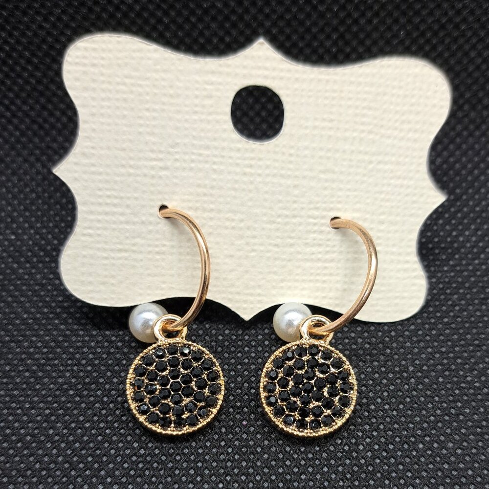 Semi-Circle Black Rhinestone and Faux Pearl Earrings- Gold tone